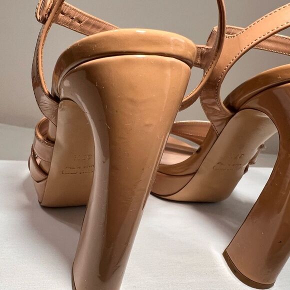 Miu Miu Vernice Block Heel Platform Sandals Size 37 1/2 Tan Nude - Picture 13 of 15